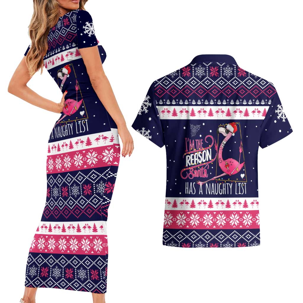 Flamingo I Am The Reason Santa Has A Naughty Christmas Couples Matching Short Sleeve Bodycon Dress and Hawaiian Shirt Xmas Holiday Patterns - Wonder Print Shop