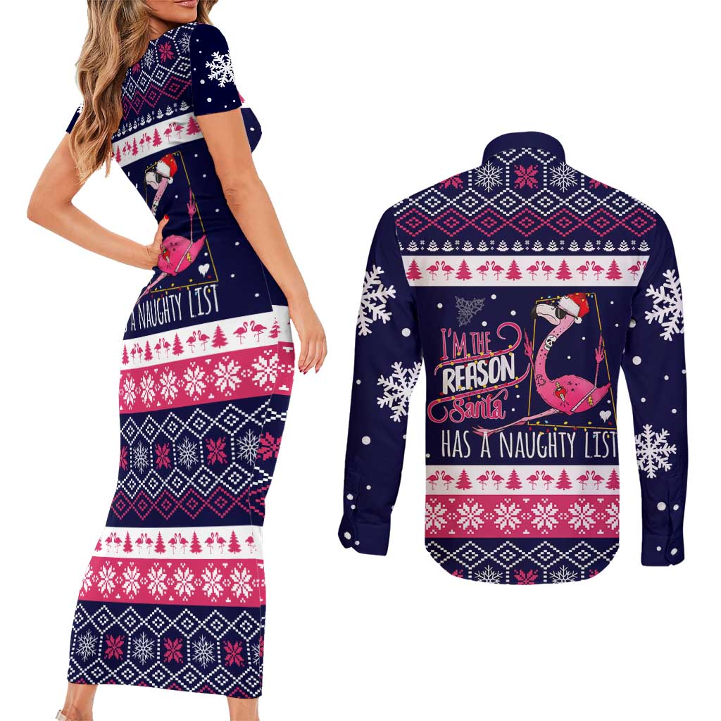 Flamingo I Am The Reason Santa Has A Naughty Christmas Couples Matching Short Sleeve Bodycon Dress and Long Sleeve Button Shirt Xmas Holiday Patterns - Wonder Print Shop