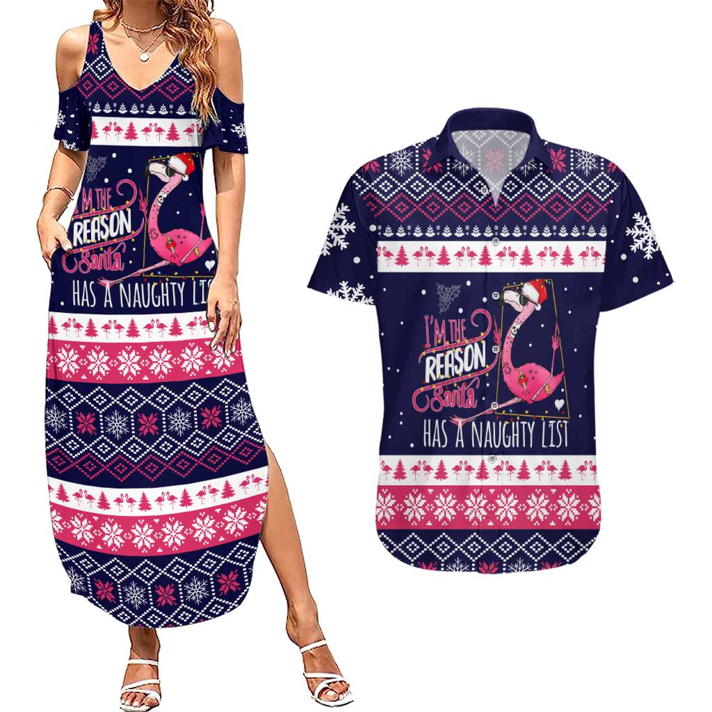Flamingo I Am The Reason Santa Has A Naughty Christmas Couples Matching Summer Maxi Dress and Hawaiian Shirt Xmas Holiday Patterns - Wonder Print Shop