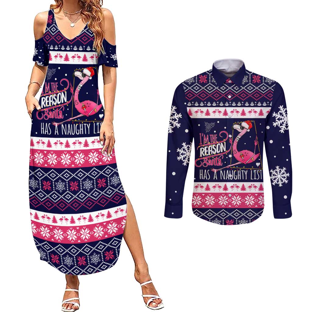 Flamingo I Am The Reason Santa Has A Naughty Christmas Couples Matching Summer Maxi Dress and Long Sleeve Button Shirt Xmas Holiday Patterns - Wonder Print Shop