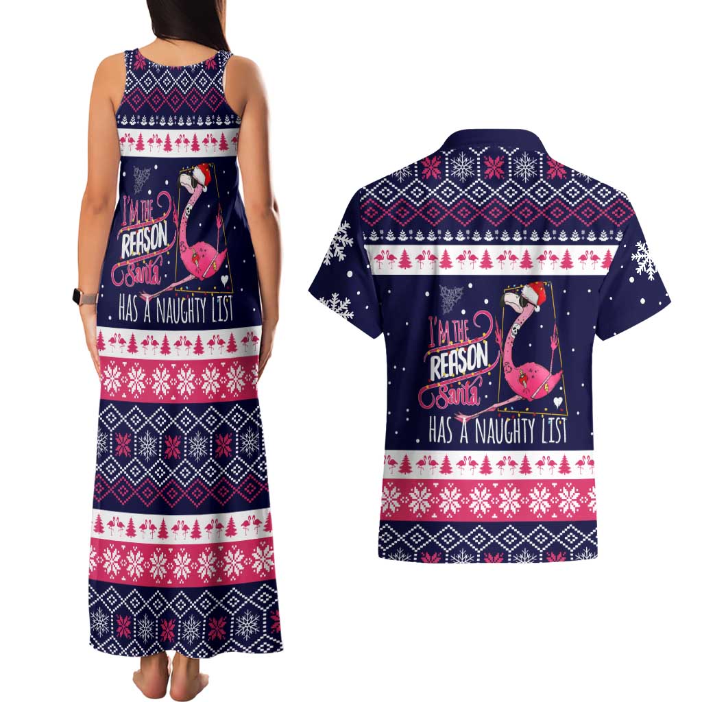 Flamingo I Am The Reason Santa Has A Naughty Christmas Couples Matching Tank Maxi Dress and Hawaiian Shirt Xmas Holiday Patterns - Wonder Print Shop