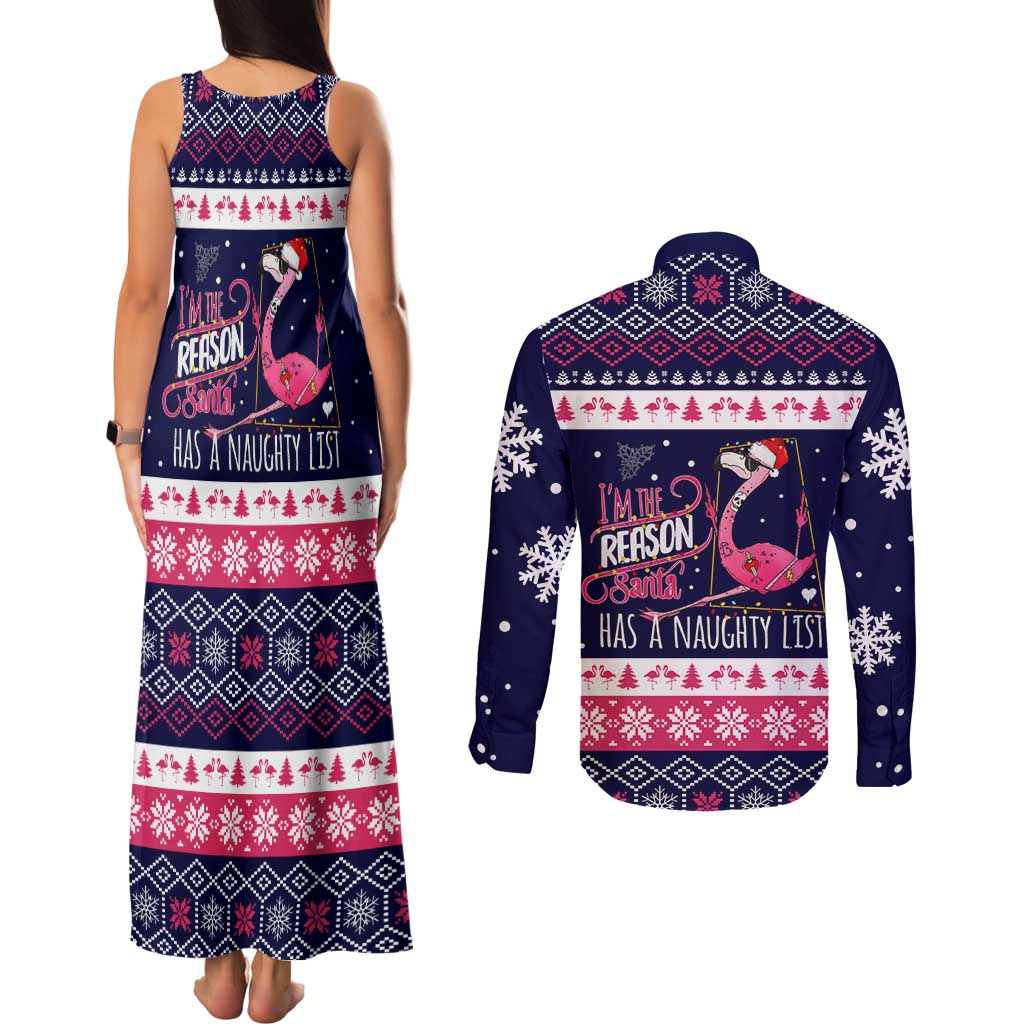 Flamingo I Am The Reason Santa Has A Naughty Christmas Couples Matching Tank Maxi Dress and Long Sleeve Button Shirt Xmas Holiday Patterns - Wonder Print Shop