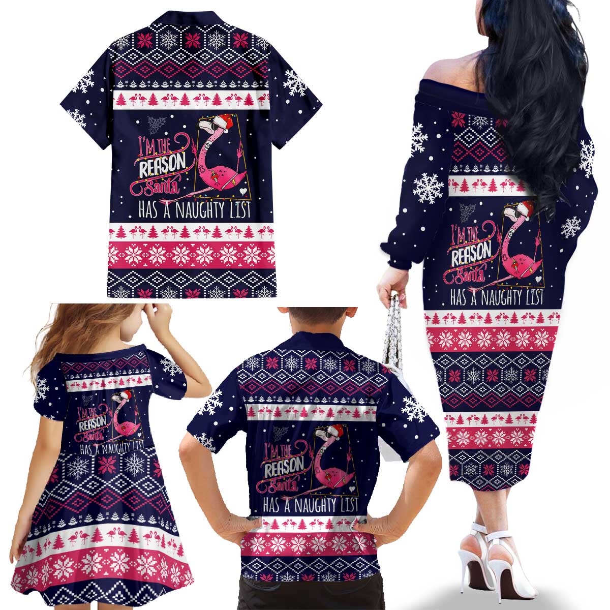 Flamingo I Am The Reason Santa Has A Naughty Christmas Family Matching Off The Shoulder Long Sleeve Dress and Hawaiian Shirt Xmas Holiday Patterns - Wonder Print Shop