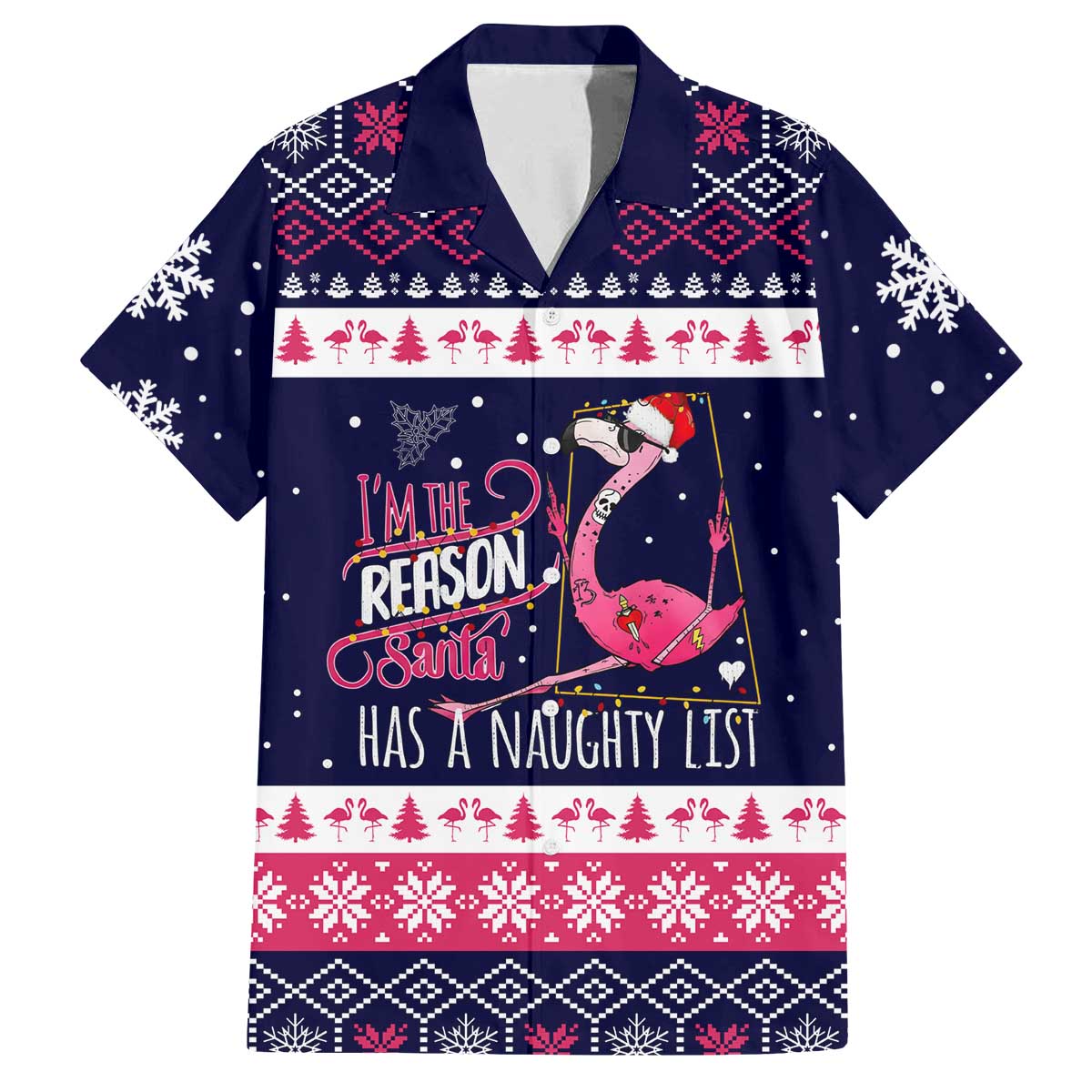 Flamingo I Am The Reason Santa Has A Naughty Christmas Family Matching Off The Shoulder Long Sleeve Dress and Hawaiian Shirt Xmas Holiday Patterns - Wonder Print Shop