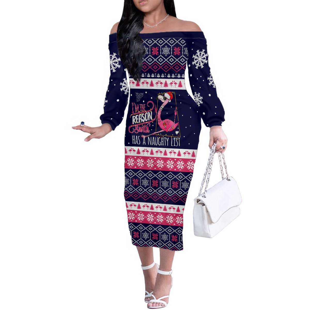 Flamingo I Am The Reason Santa Has A Naughty Christmas Family Matching Off The Shoulder Long Sleeve Dress and Hawaiian Shirt Xmas Holiday Patterns - Wonder Print Shop
