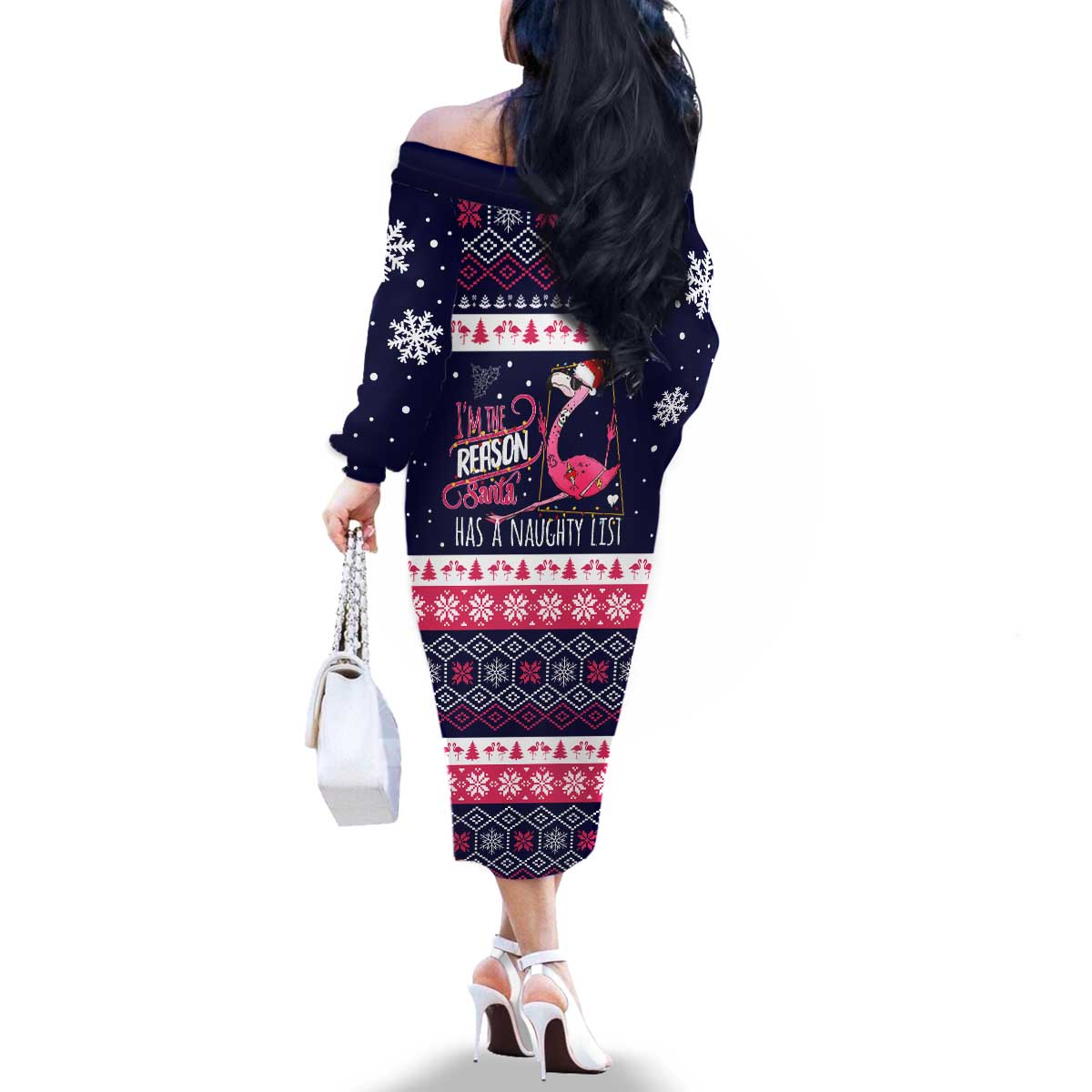 Flamingo I Am The Reason Santa Has A Naughty Christmas Family Matching Off The Shoulder Long Sleeve Dress and Hawaiian Shirt Xmas Holiday Patterns - Wonder Print Shop