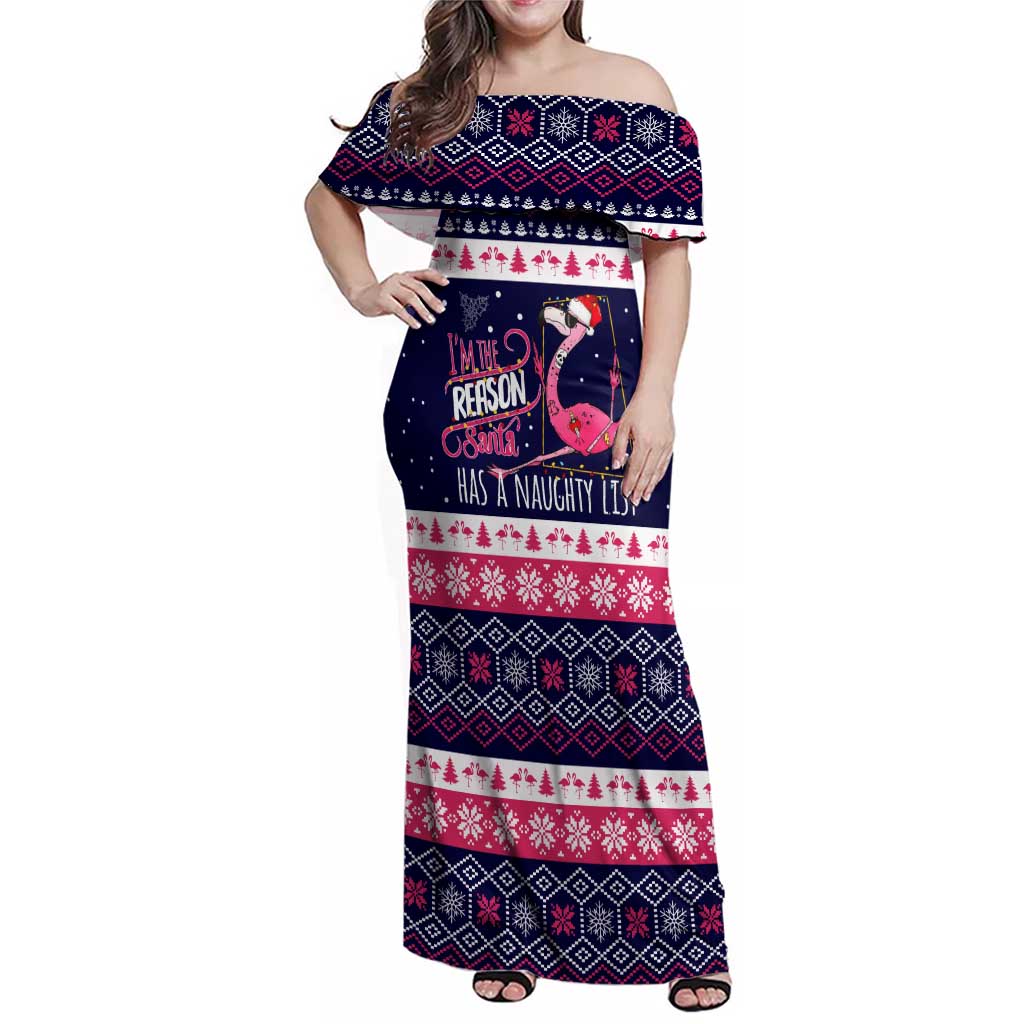 Flamingo I Am The Reason Santa Has A Naughty Christmas Family Matching Off Shoulder Maxi Dress and Hawaiian Shirt Xmas Holiday Patterns - undefined