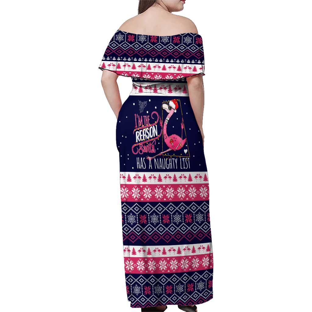 Flamingo I Am The Reason Santa Has A Naughty Christmas Family Matching Off Shoulder Maxi Dress and Hawaiian Shirt Xmas Holiday Patterns - undefined