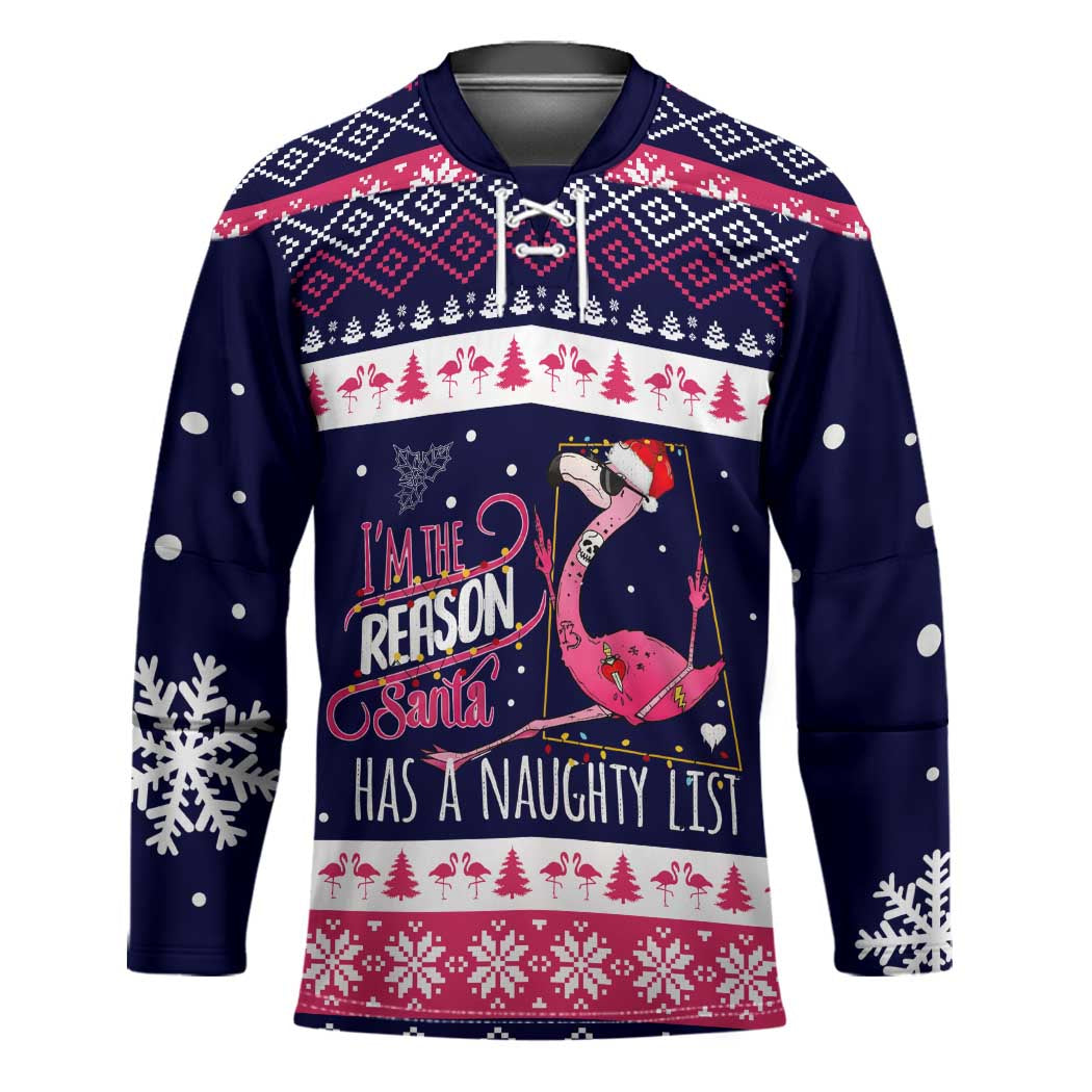 Flamingo I Am The Reason Santa Has A Naughty Christmas Hockey Jersey Xmas Holiday Patterns - Wonder Print Shop