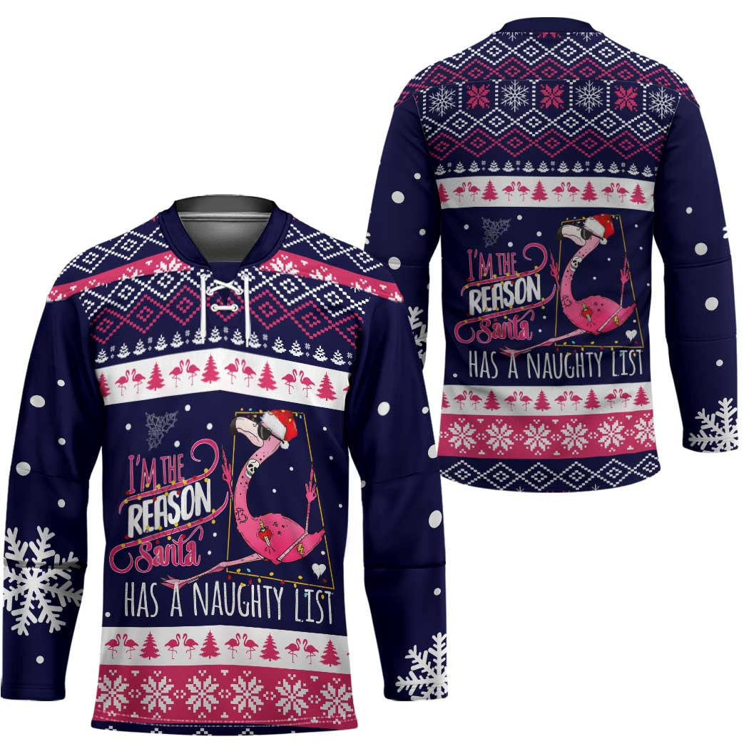 Flamingo I Am The Reason Santa Has A Naughty Christmas Hockey Jersey Xmas Holiday Patterns - Wonder Print Shop