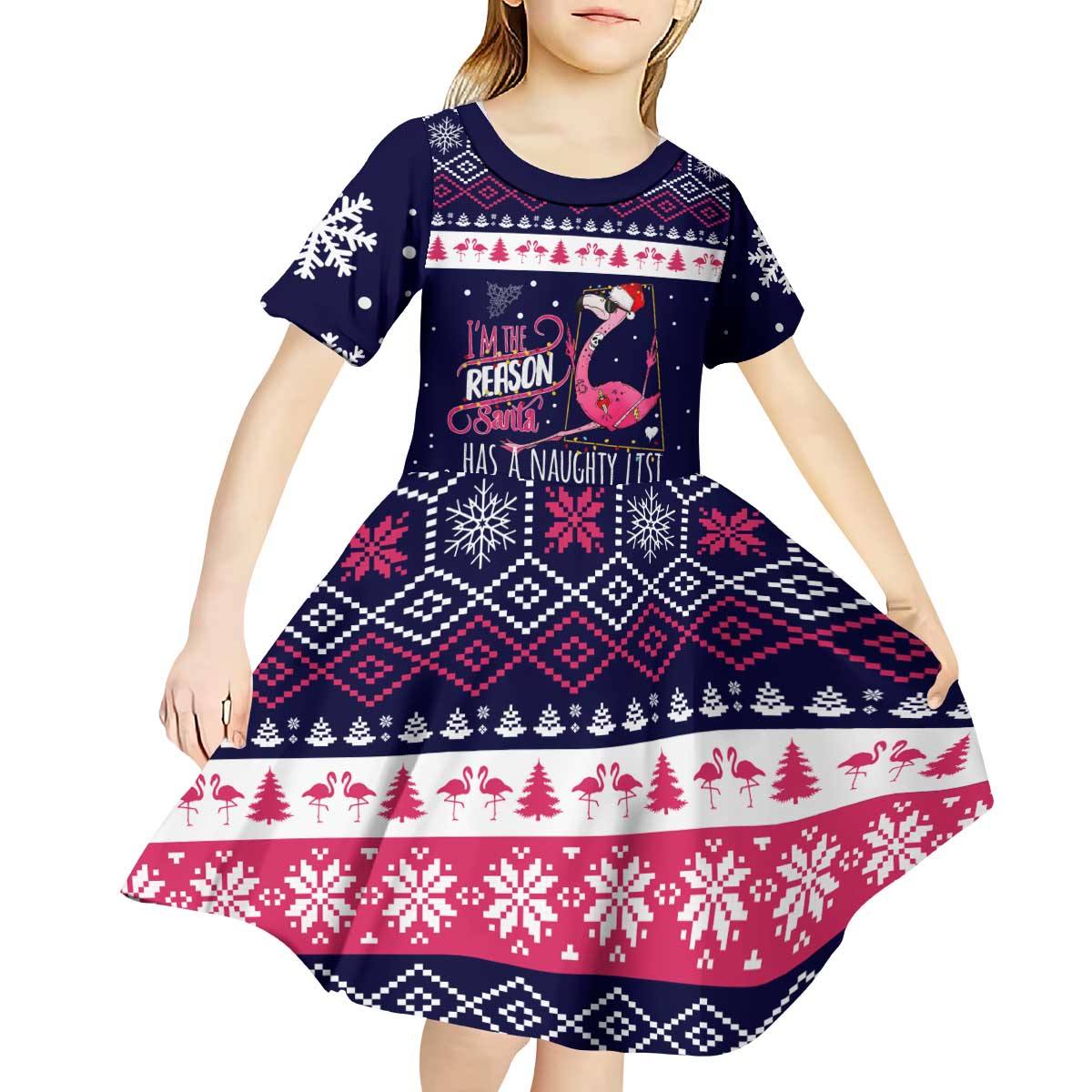 Flamingo I Am The Reason Santa Has A Naughty Christmas Kid Short Sleeve Dress Xmas Holiday Patterns - Wonder Print Shop