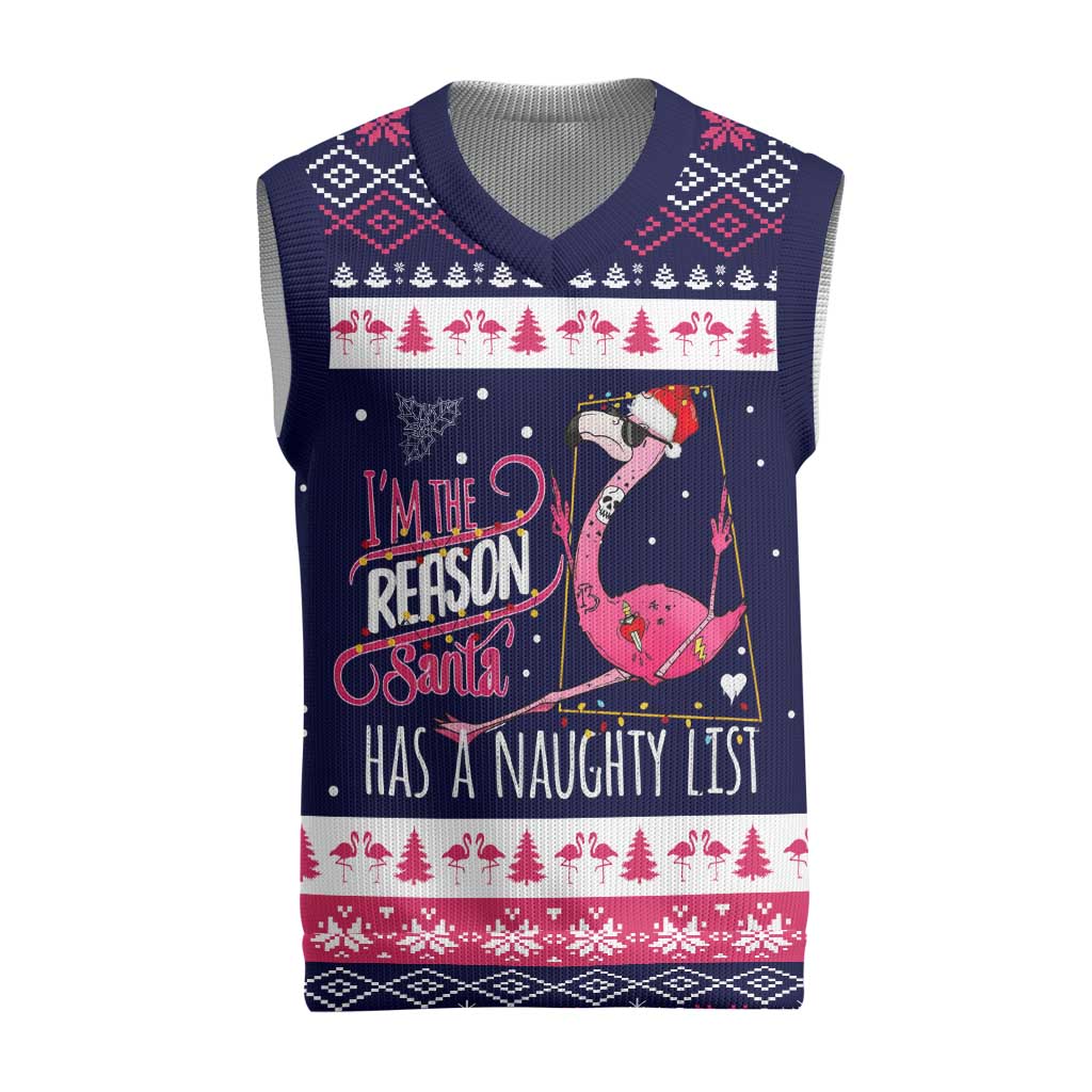 Flamingo I Am The Reason Santa Has A Naughty Christmas Knitted V-Neck Vest Xmas Holiday Patterns - Wonder Print Shop