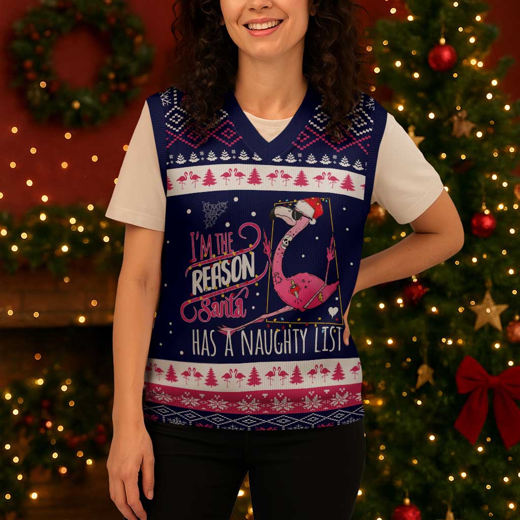 Flamingo I Am The Reason Santa Has A Naughty Christmas Knitted V-Neck Vest Xmas Holiday Patterns - Wonder Print Shop