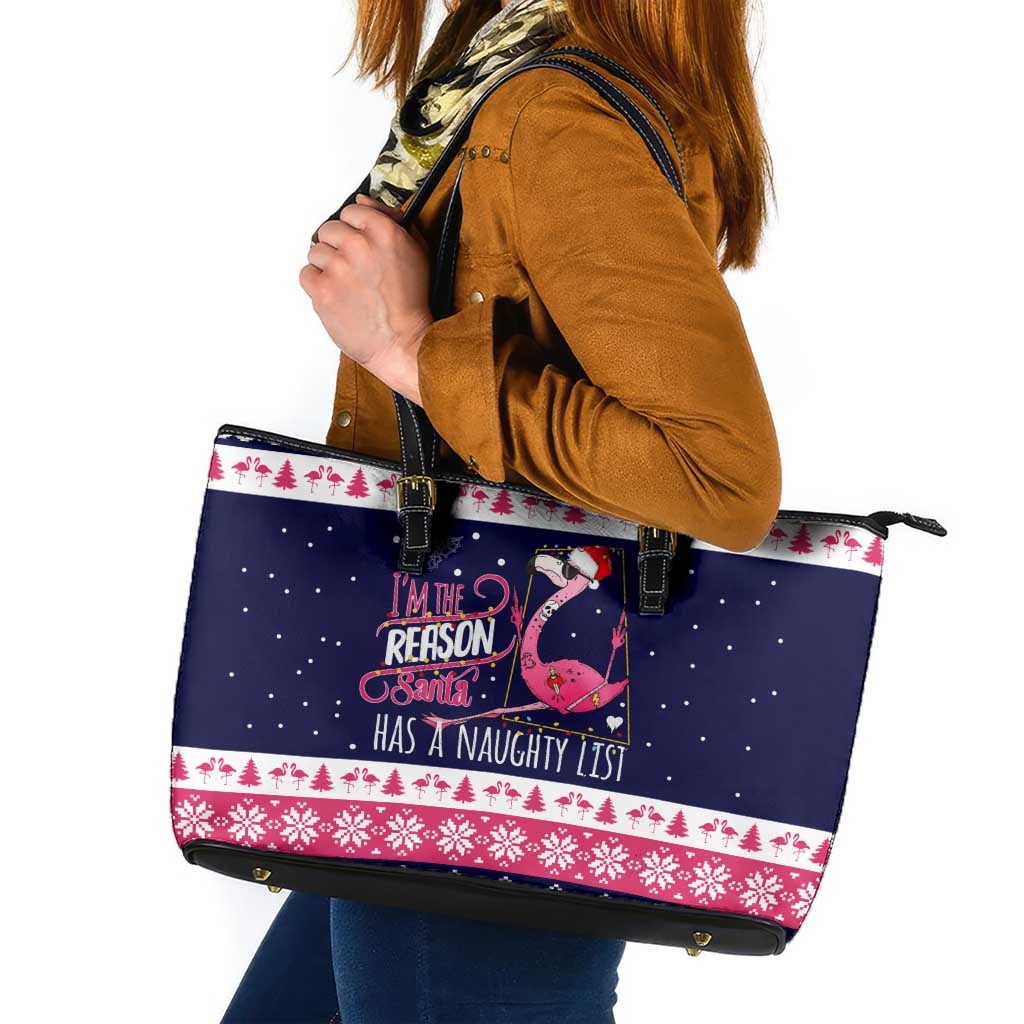 Flamingo I Am The Reason Santa Has A Naughty Christmas Leather Tote Bag Xmas Holiday Patterns - Wonder Print Shop
