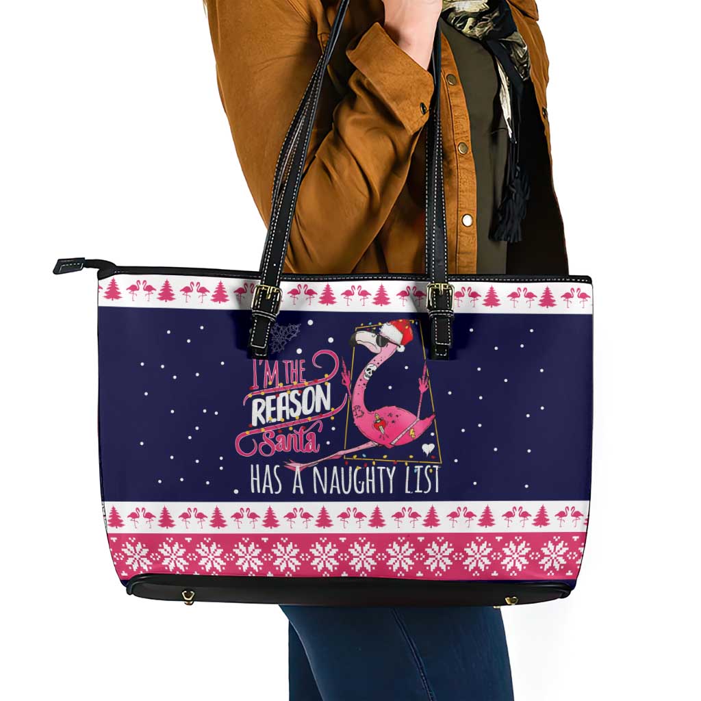 Flamingo I Am The Reason Santa Has A Naughty Christmas Leather Tote Bag Xmas Holiday Patterns - Wonder Print Shop
