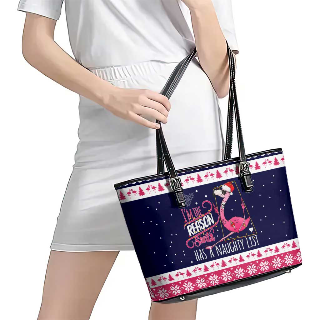 Flamingo I Am The Reason Santa Has A Naughty Christmas Leather Tote Bag Xmas Holiday Patterns - Wonder Print Shop