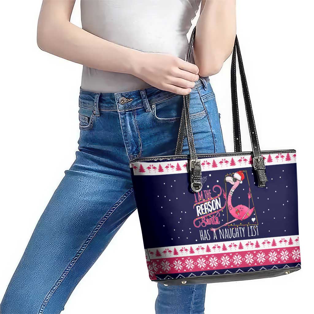 Flamingo I Am The Reason Santa Has A Naughty Christmas Leather Tote Bag Xmas Holiday Patterns - Wonder Print Shop