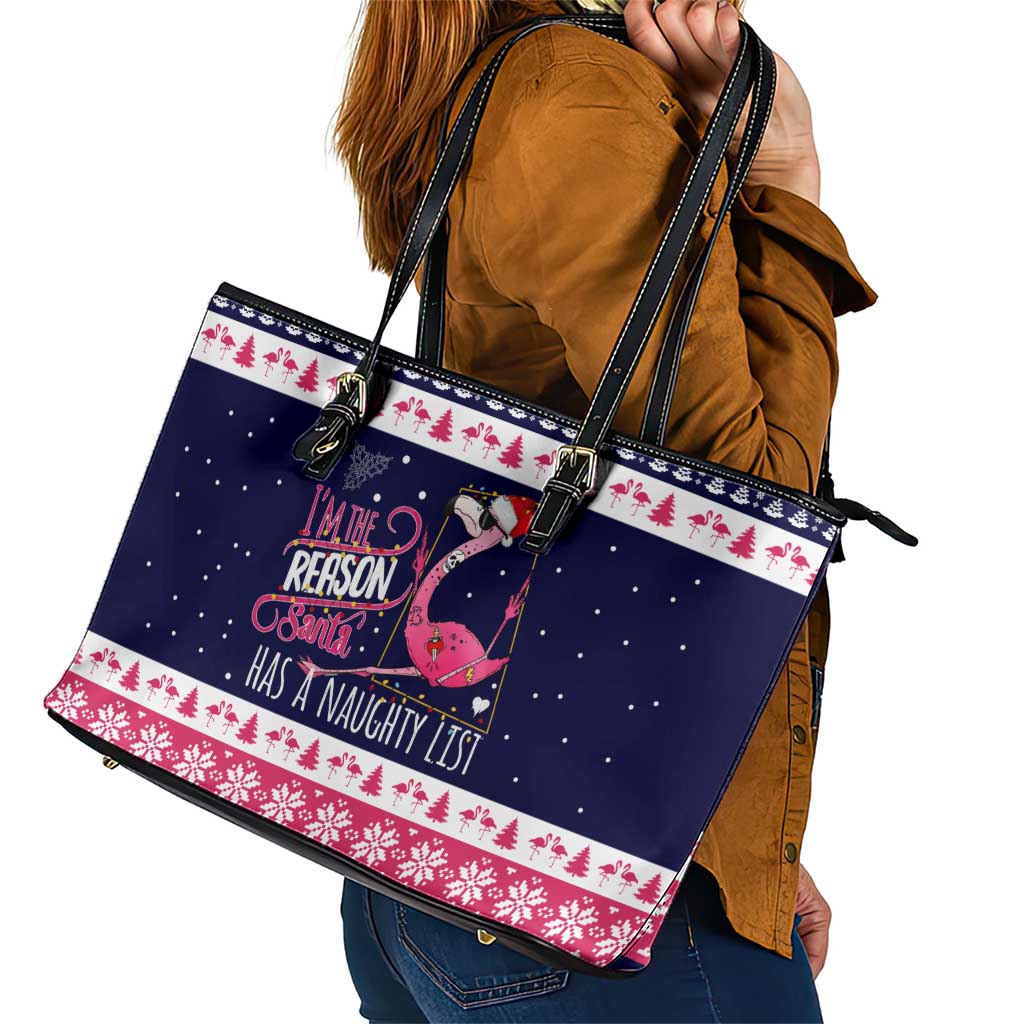 Flamingo I Am The Reason Santa Has A Naughty Christmas Leather Tote Bag Xmas Holiday Patterns - Wonder Print Shop