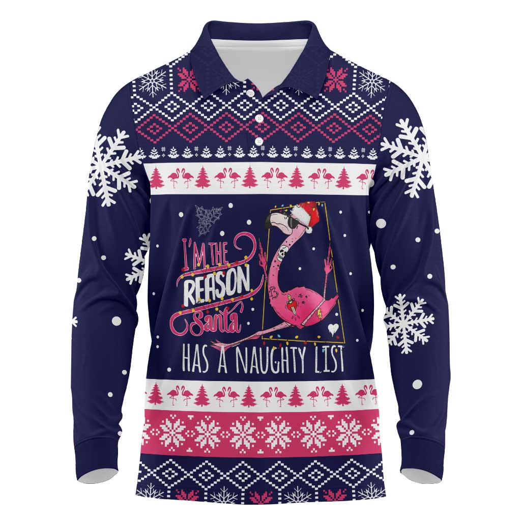 Flamingo I Am The Reason Santa Has A Naughty Christmas Long Sleeve Polo Shirt Xmas Holiday Patterns - Wonder Print Shop