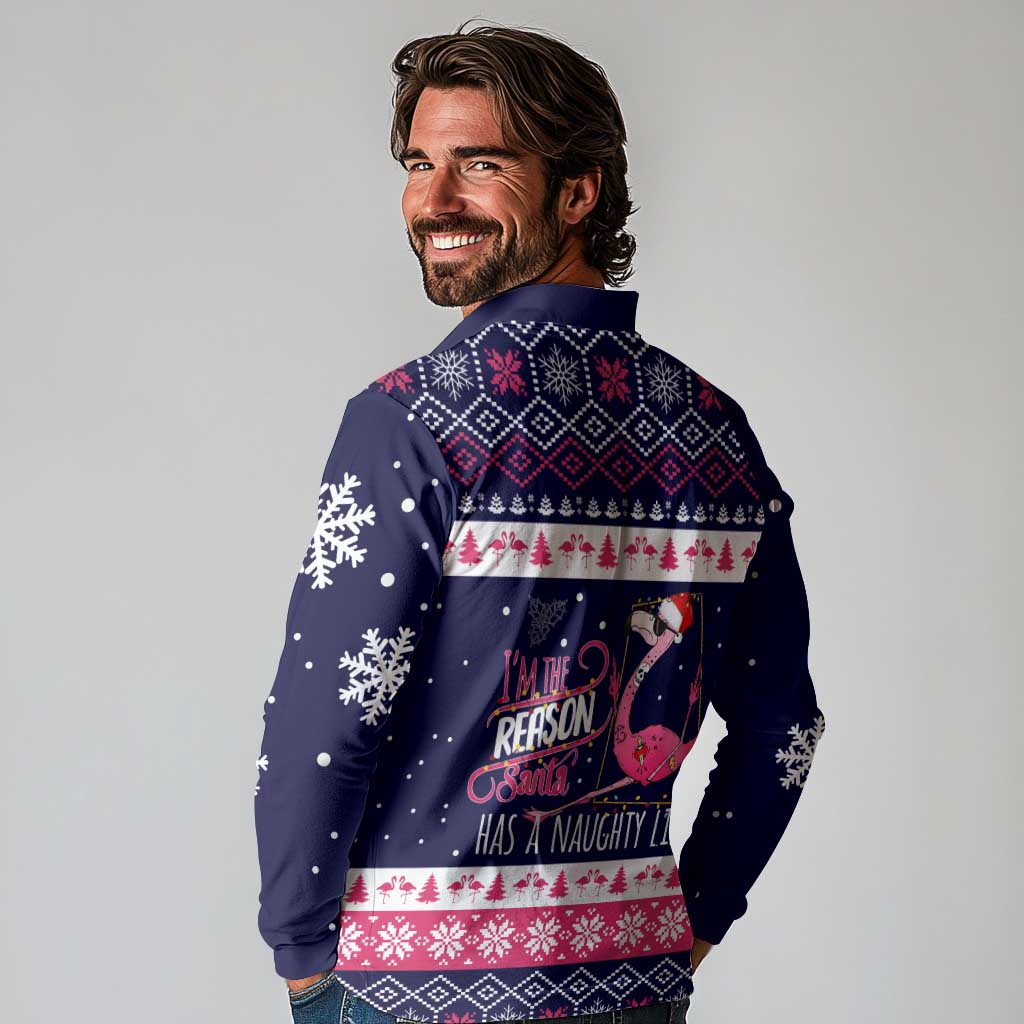 Flamingo I Am The Reason Santa Has A Naughty Christmas Long Sleeve Polo Shirt Xmas Holiday Patterns - Wonder Print Shop