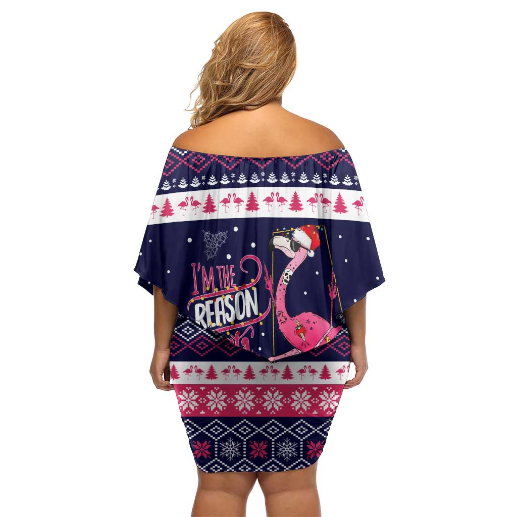 Flamingo I Am The Reason Santa Has A Naughty Christmas Off Shoulder Short Dress Xmas Holiday Patterns - Wonder Print Shop