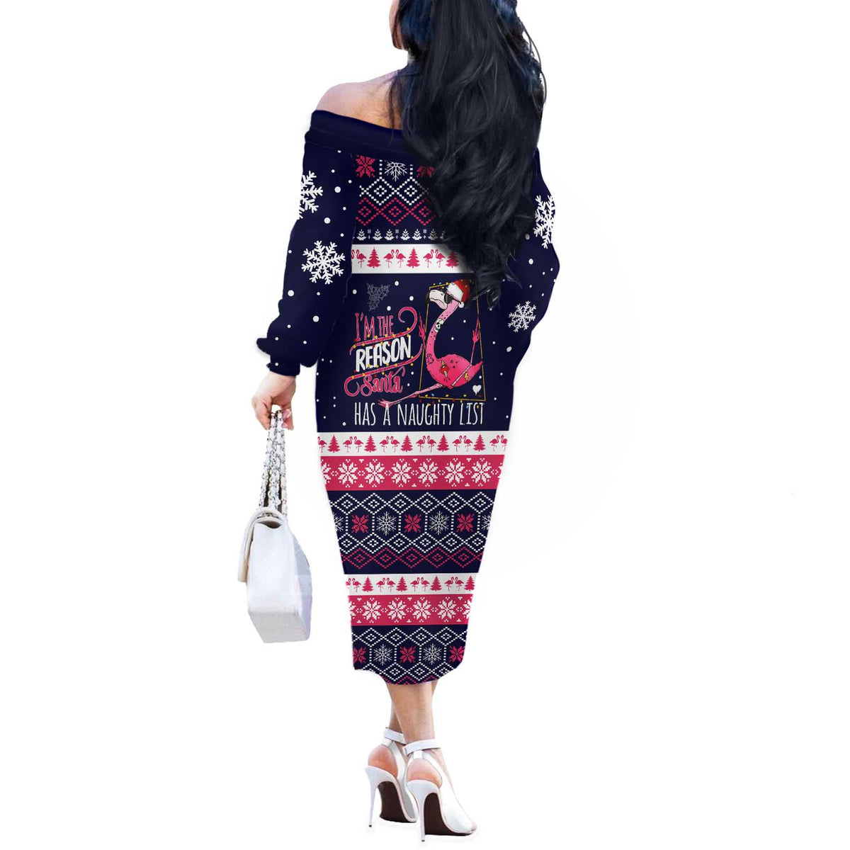 Flamingo I Am The Reason Santa Has A Naughty Christmas Off The Shoulder Long Sleeve Dress Xmas Holiday Patterns - Wonder Print Shop
