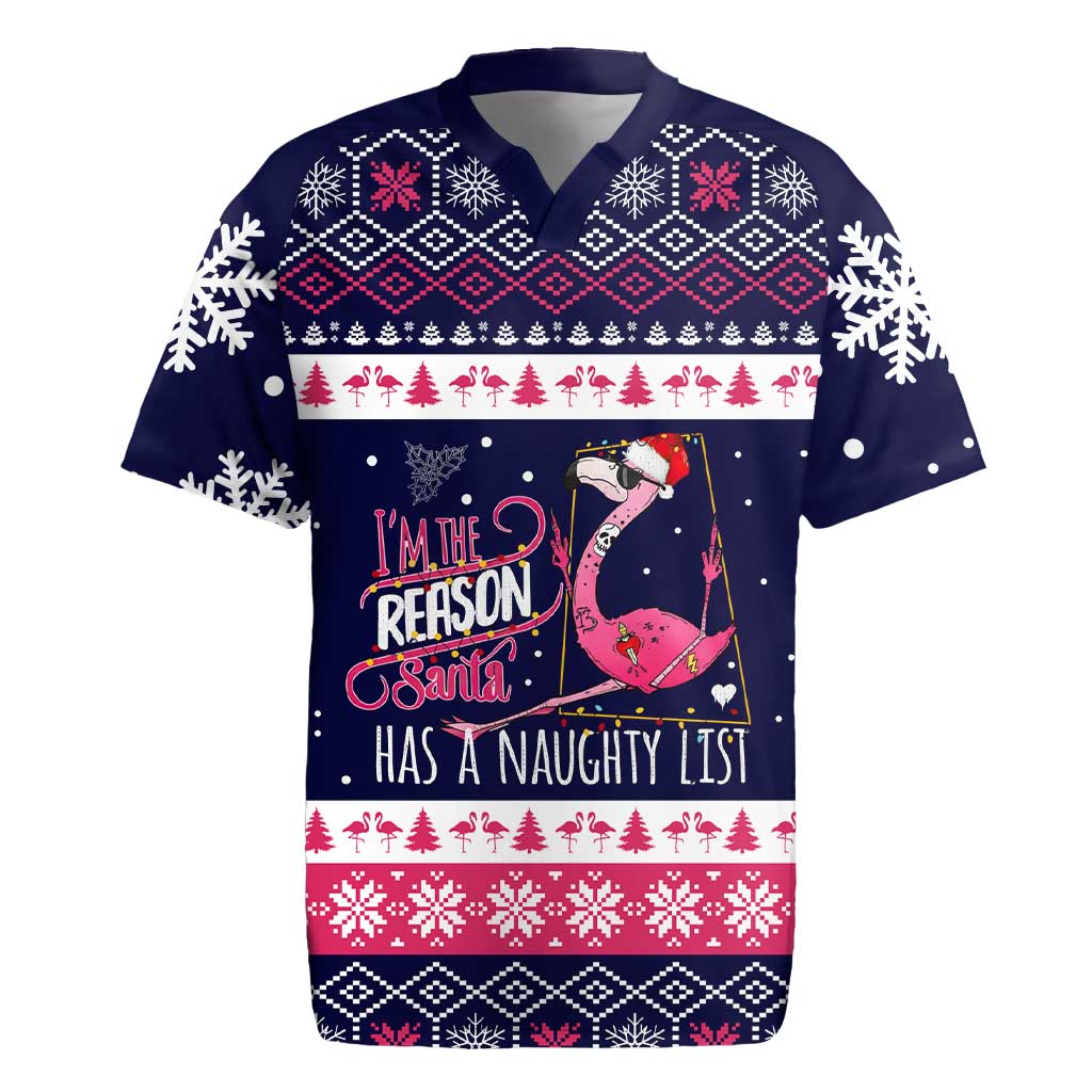 Flamingo I Am The Reason Santa Has A Naughty Christmas Rugby Jersey Xmas Holiday Patterns - Wonder Print Shop