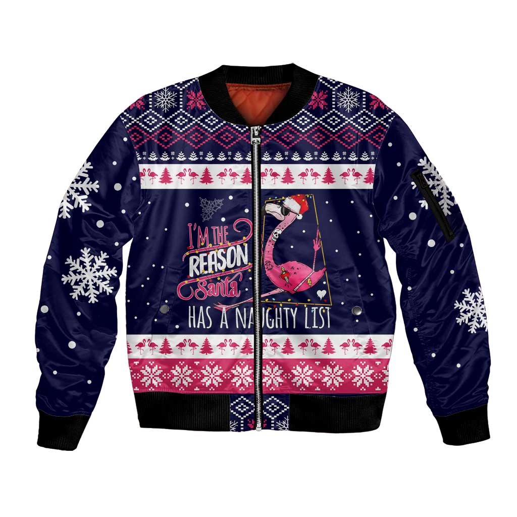 Flamingo I Am The Reason Santa Has A Naughty Christmas Sleeve Zip Bomber Jacket Xmas Holiday Patterns - Wonder Print Shop