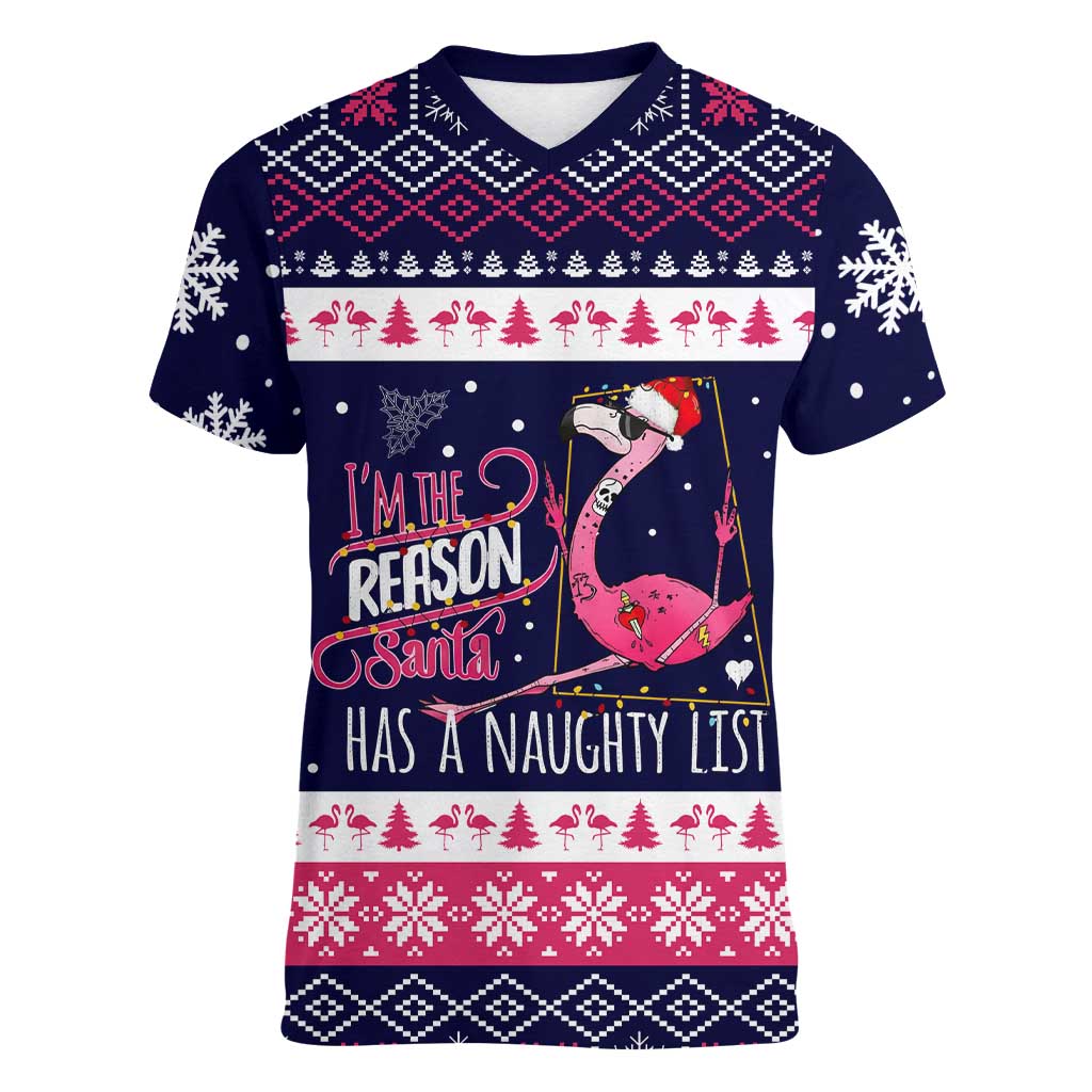 Flamingo I Am The Reason Santa Has A Naughty Christmas Women V-Neck T-Shirt Xmas Holiday Patterns - Wonder Print Shop