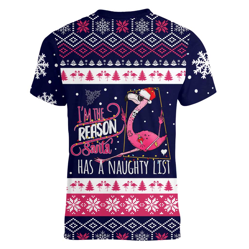 Flamingo I Am The Reason Santa Has A Naughty Christmas Women V-Neck T-Shirt Xmas Holiday Patterns - Wonder Print Shop