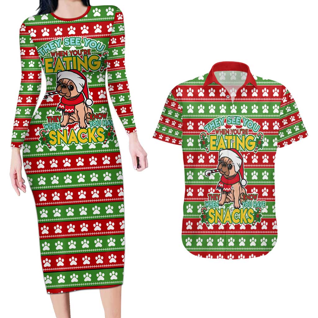French Bulldog See You Eating Snacks Christmas Couples Matching Long Sleeve Bodycon Dress and Hawaiian Shirt Xmas Holiday Patterns - Wonder Print Shop