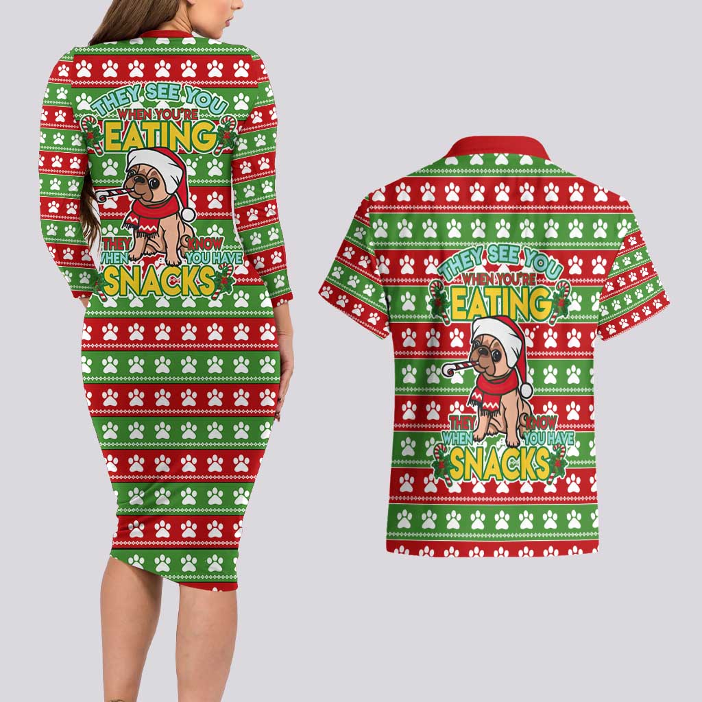French Bulldog See You Eating Snacks Christmas Couples Matching Long Sleeve Bodycon Dress and Hawaiian Shirt Xmas Holiday Patterns - Wonder Print Shop