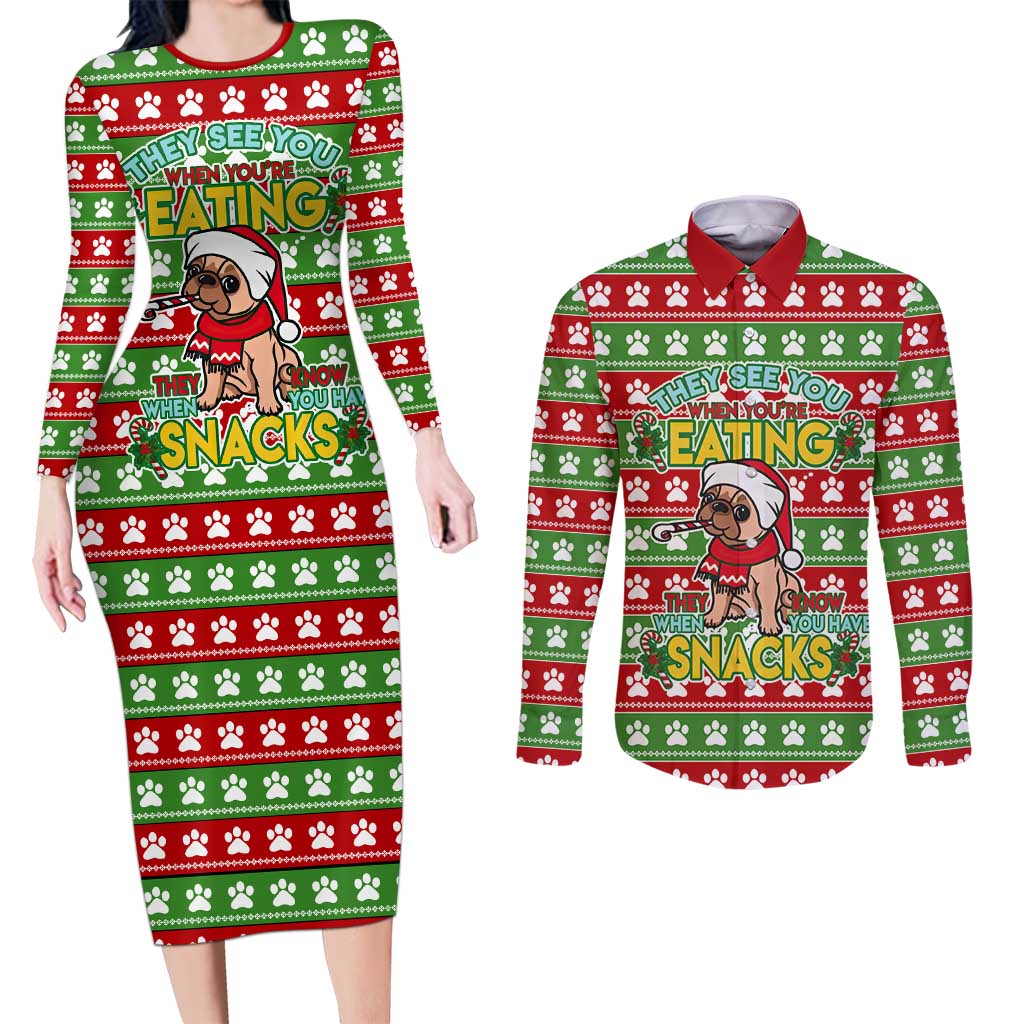 French Bulldog See You Eating Snacks Christmas Couples Matching Long Sleeve Bodycon Dress and Long Sleeve Button Shirt Xmas Holiday Patterns - Wonder Print Shop