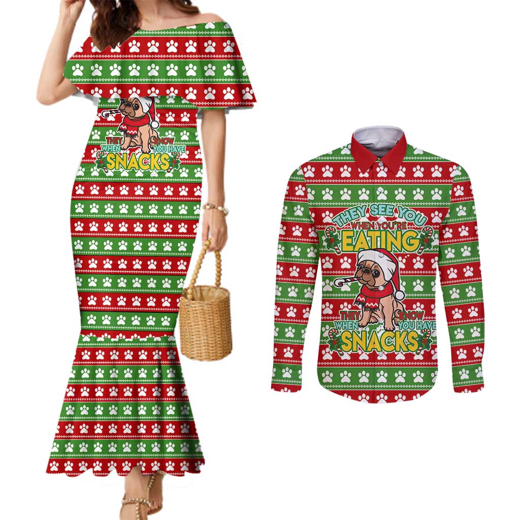 French Bulldog See You Eating Snacks Christmas Couples Matching Mermaid Dress and Long Sleeve Button Shirt Xmas Holiday Patterns - Wonder Print Shop