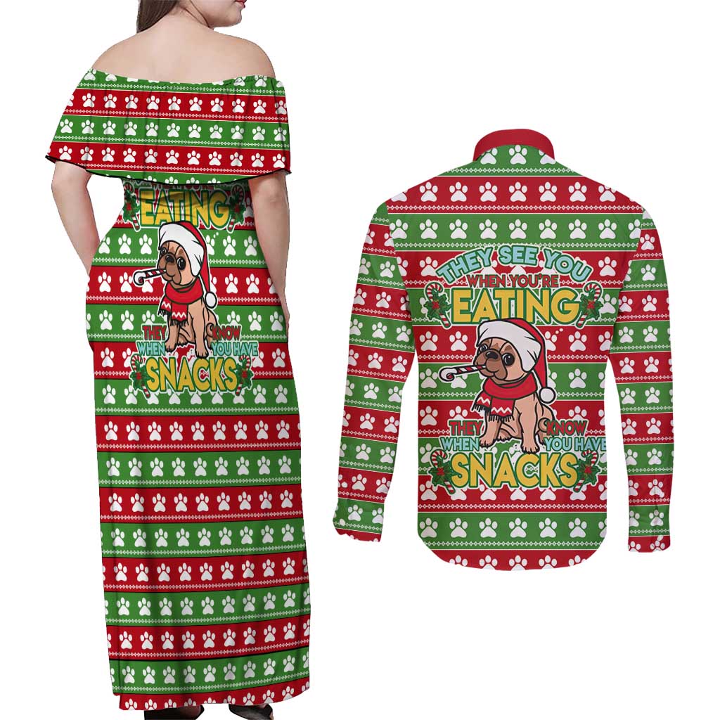 French Bulldog See You Eating Snacks Christmas Couples Matching Off Shoulder Maxi Dress and Long Sleeve Button Shirt Xmas Holiday Patterns - Wonder Print Shop