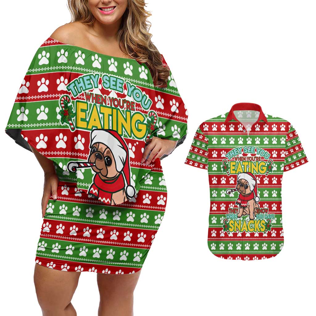 French Bulldog See You Eating Snacks Christmas Couples Matching Off Shoulder Short Dress and Hawaiian Shirt Xmas Holiday Patterns - Wonder Print Shop