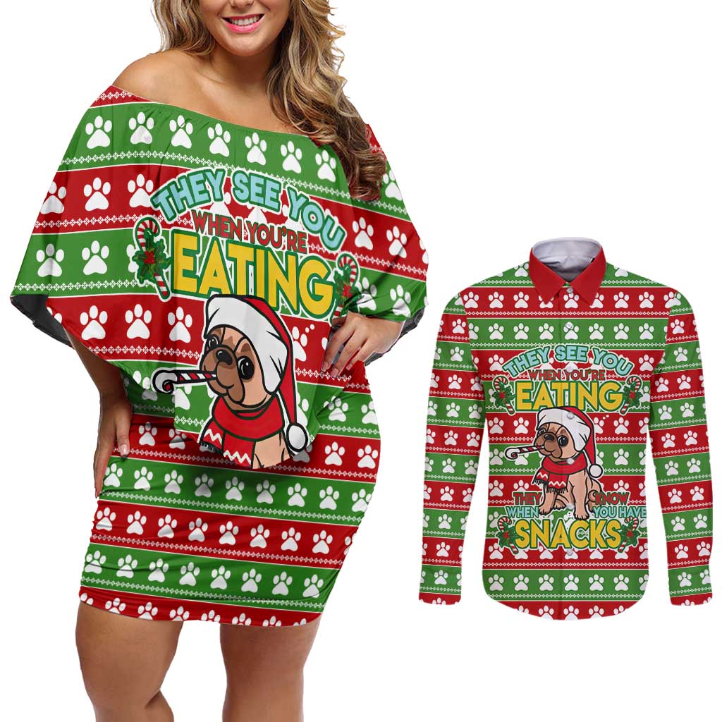 French Bulldog See You Eating Snacks Christmas Couples Matching Off Shoulder Short Dress and Long Sleeve Button Shirt Xmas Holiday Patterns - Wonder Print Shop
