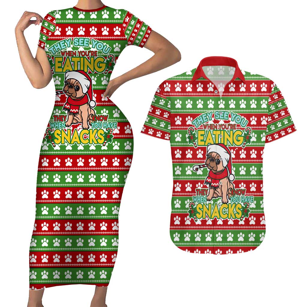 French Bulldog See You Eating Snacks Christmas Couples Matching Short Sleeve Bodycon Dress and Hawaiian Shirt Xmas Holiday Patterns - Wonder Print Shop