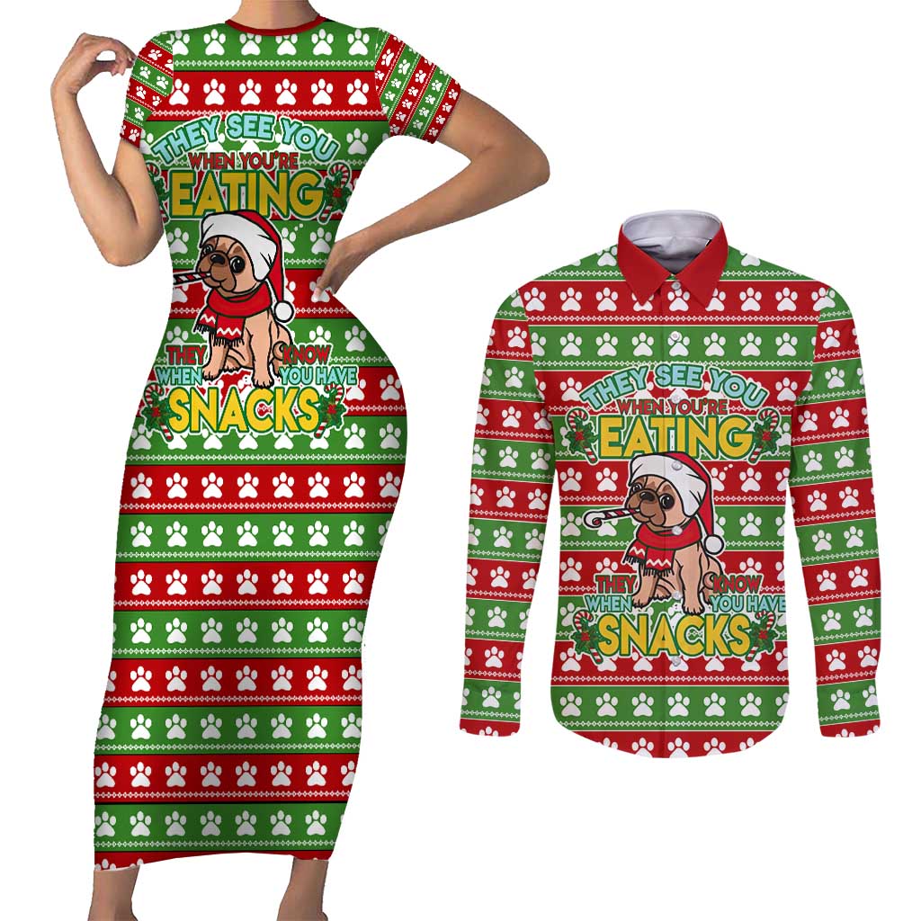 French Bulldog See You Eating Snacks Christmas Couples Matching Short Sleeve Bodycon Dress and Long Sleeve Button Shirt Xmas Holiday Patterns - Wonder Print Shop