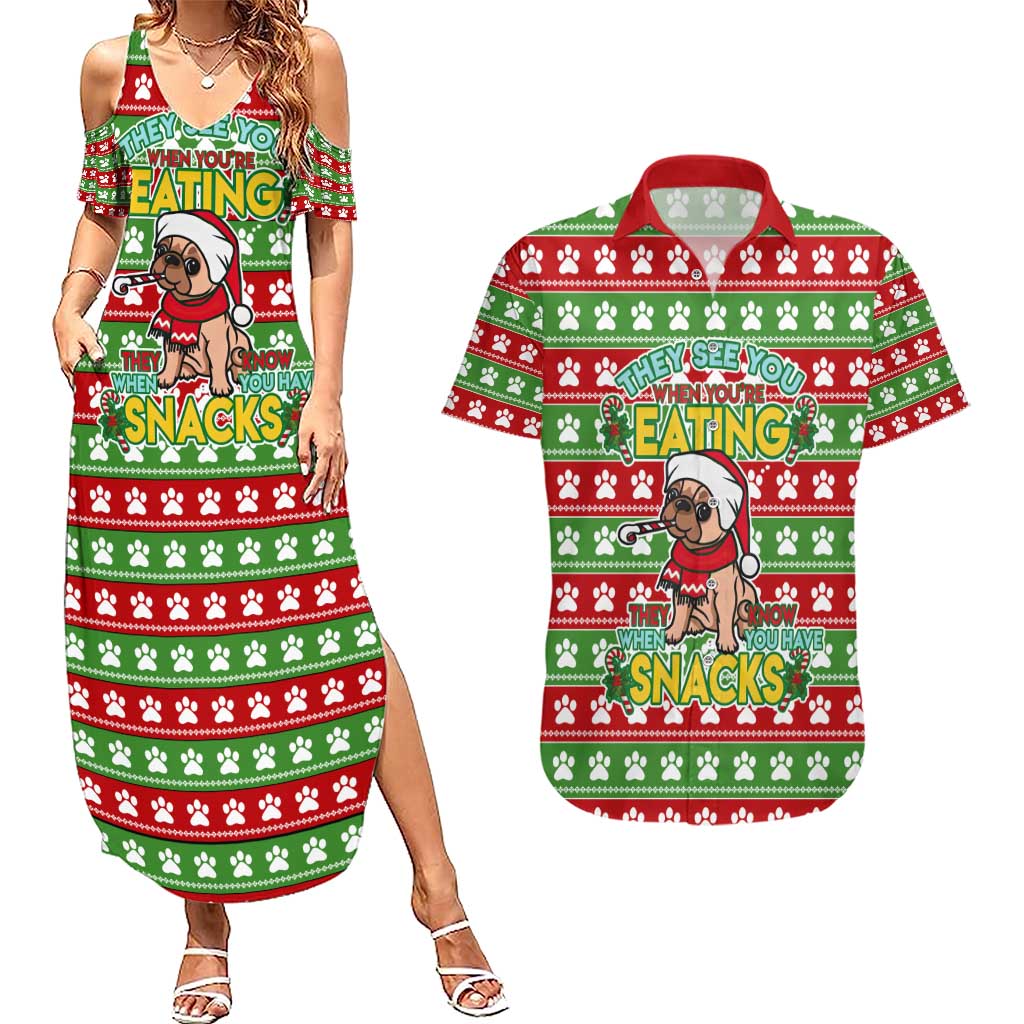 French Bulldog See You Eating Snacks Christmas Couples Matching Summer Maxi Dress and Hawaiian Shirt Xmas Holiday Patterns - Wonder Print Shop