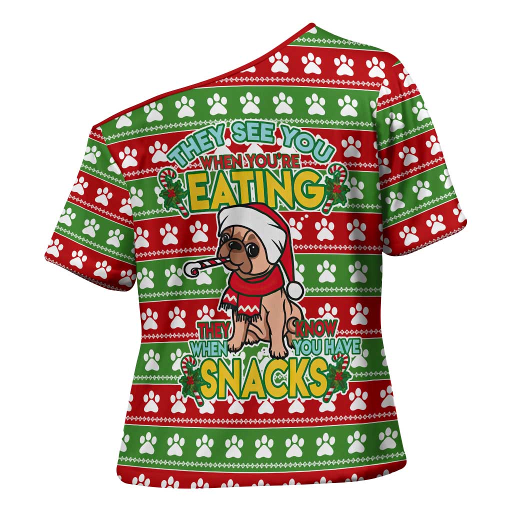 French Bulldog See You Eating Snacks Christmas Cross Shoulder Shirt Xmas Holiday Patterns - Wonder Print Shop