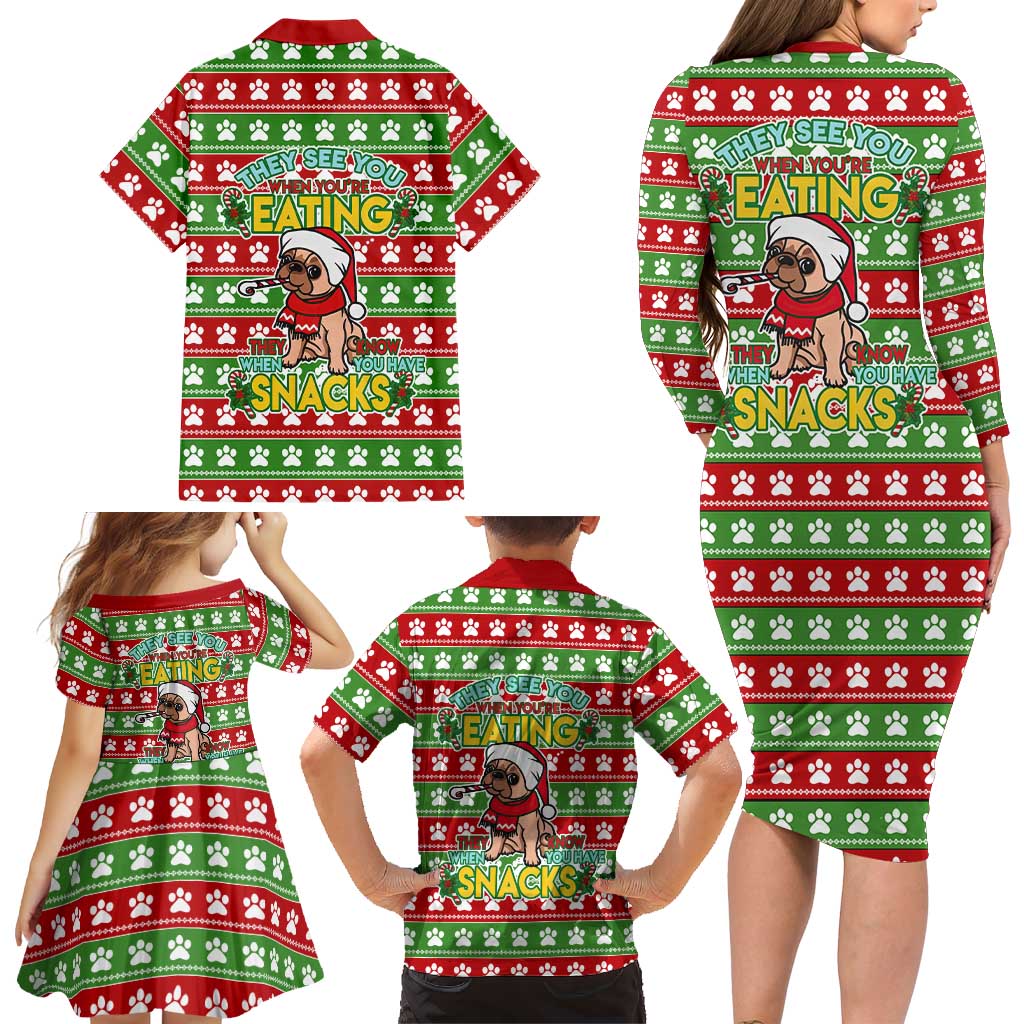 French Bulldog See You Eating Snacks Christmas Family Matching Long Sleeve Bodycon Dress and Hawaiian Shirt Xmas Holiday Patterns - Wonder Print Shop