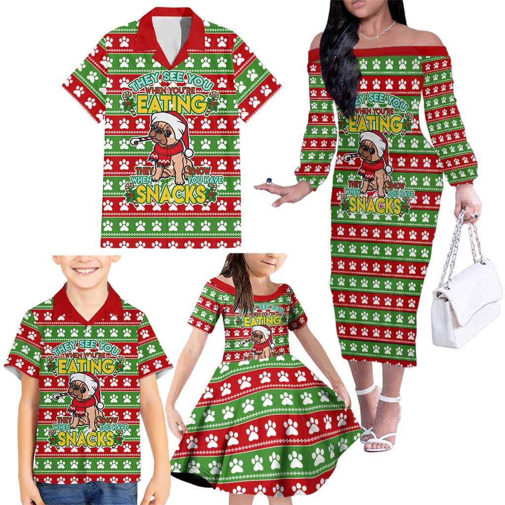 French Bulldog See You Eating Snacks Christmas Family Matching Off The Shoulder Long Sleeve Dress and Hawaiian Shirt Xmas Holiday Patterns - Wonder Print Shop