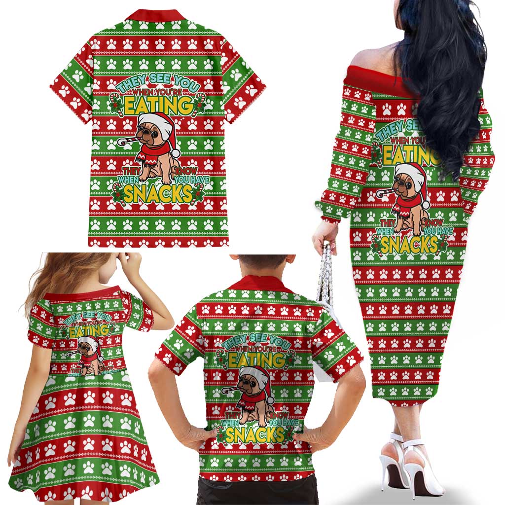 French Bulldog See You Eating Snacks Christmas Family Matching Off The Shoulder Long Sleeve Dress and Hawaiian Shirt Xmas Holiday Patterns - Wonder Print Shop
