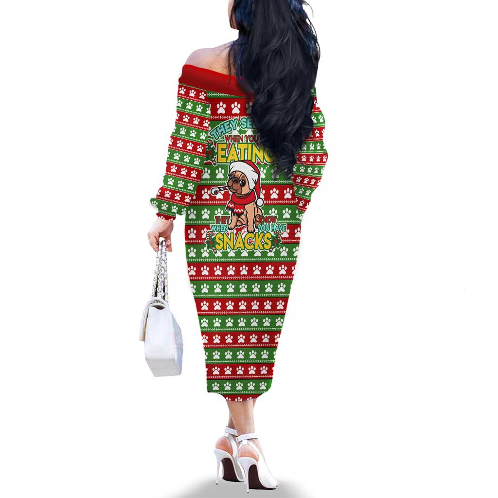 French Bulldog See You Eating Snacks Christmas Family Matching Off The Shoulder Long Sleeve Dress and Hawaiian Shirt Xmas Holiday Patterns - Wonder Print Shop