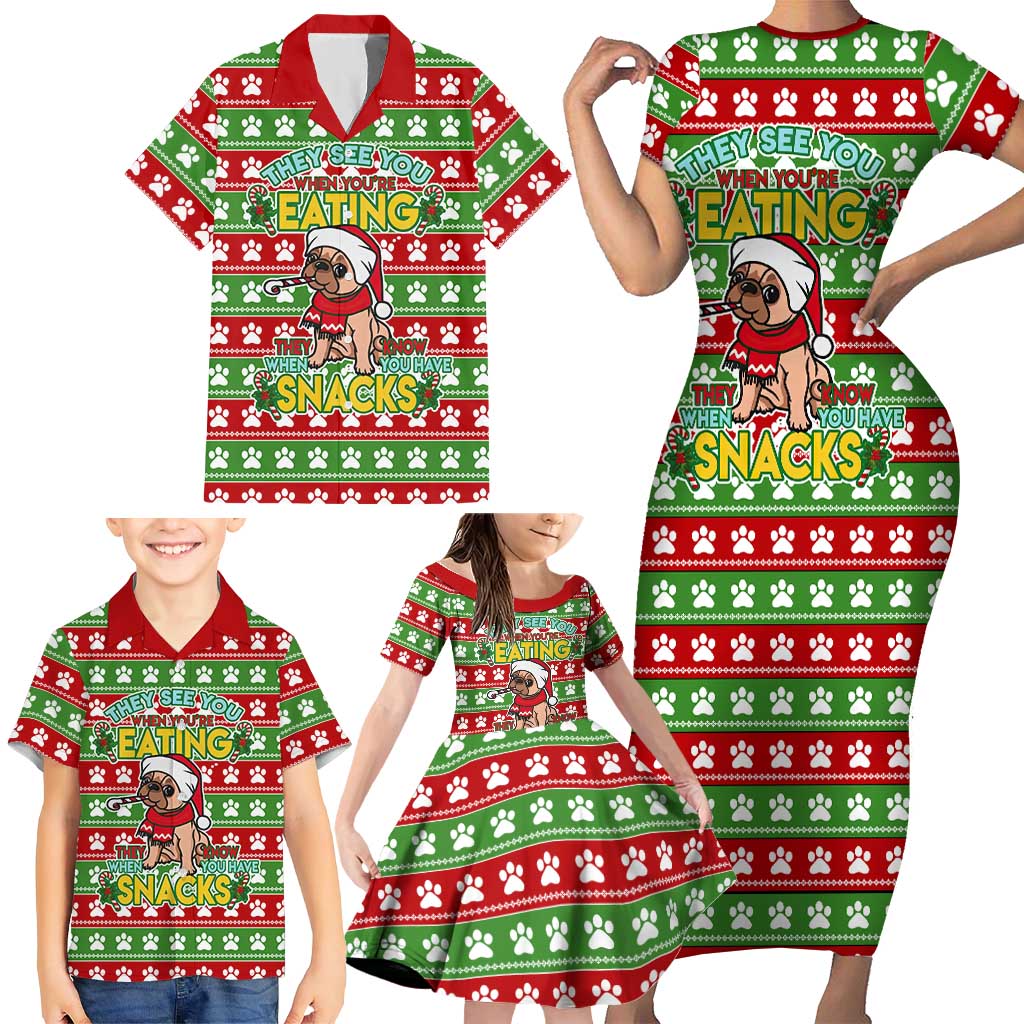French Bulldog See You Eating Snacks Christmas Family Matching Short Sleeve Bodycon Dress and Hawaiian Shirt Xmas Holiday Patterns - Wonder Print Shop