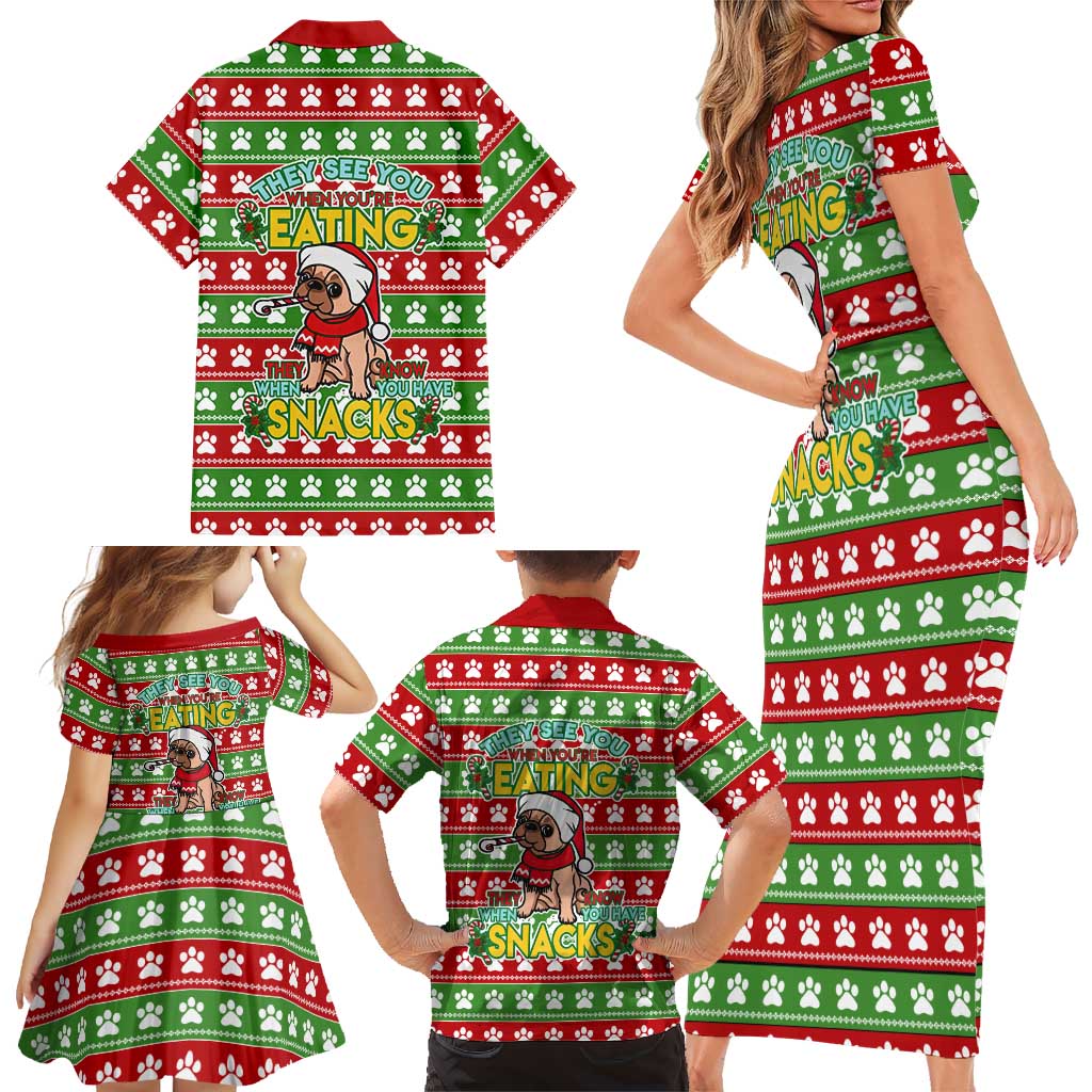 French Bulldog See You Eating Snacks Christmas Family Matching Short Sleeve Bodycon Dress and Hawaiian Shirt Xmas Holiday Patterns - Wonder Print Shop