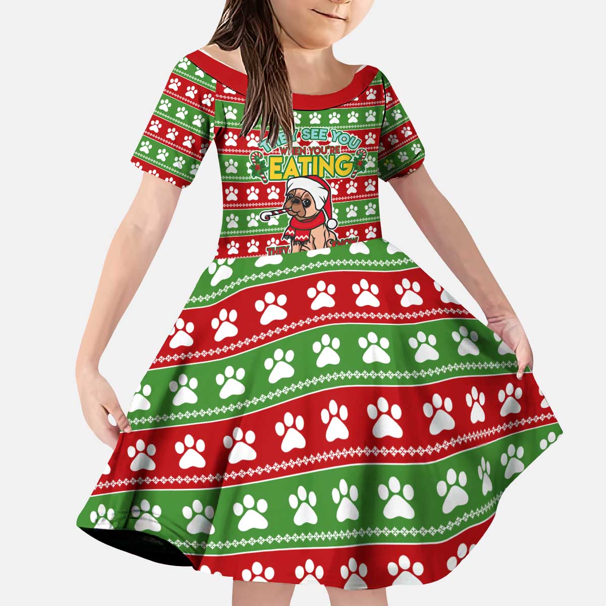 French Bulldog See You Eating Snacks Christmas Kid Short Sleeve Dress Xmas Holiday Patterns - Wonder Print Shop