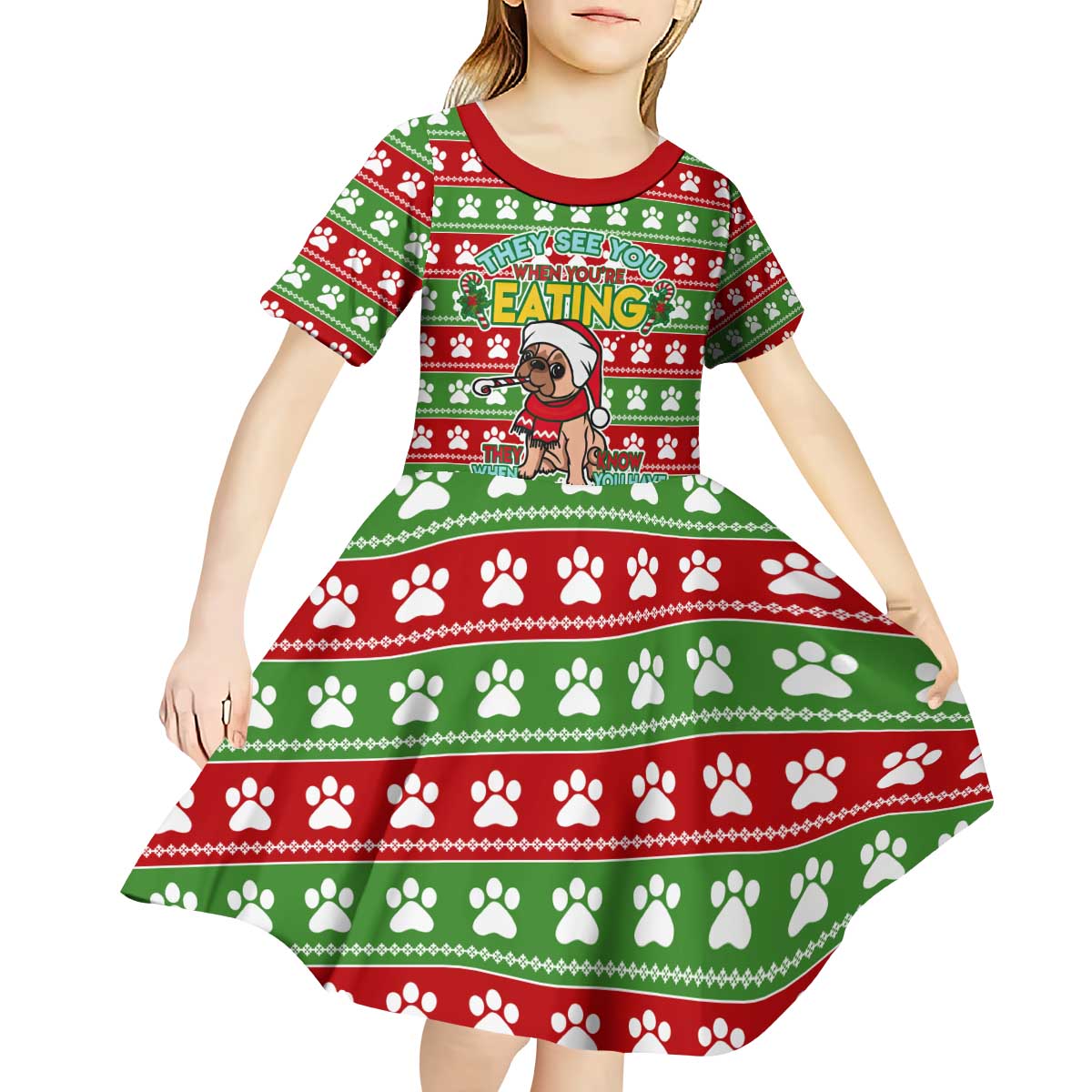 French Bulldog See You Eating Snacks Christmas Kid Short Sleeve Dress Xmas Holiday Patterns - Wonder Print Shop