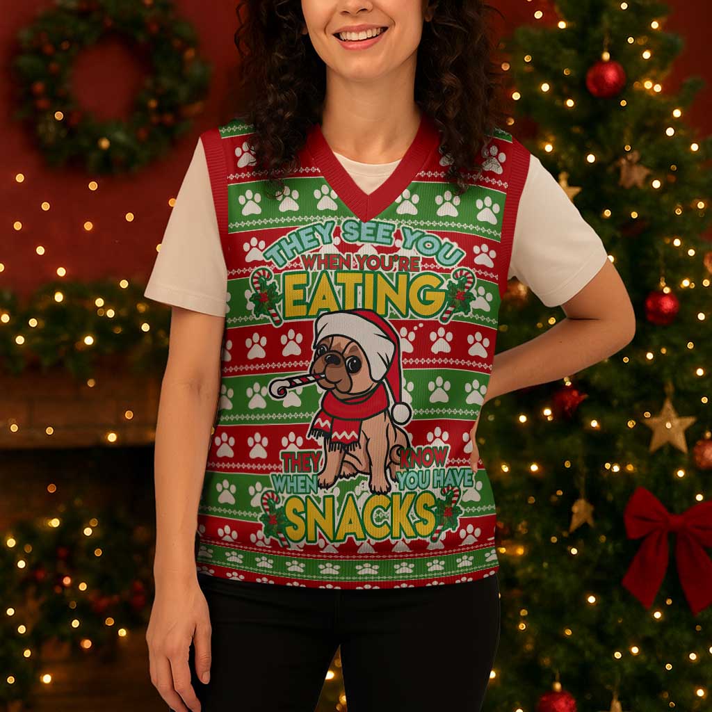 French Bulldog See You Eating Snacks Christmas Knitted V-Neck Vest Xmas Holiday Patterns - Wonder Print Shop